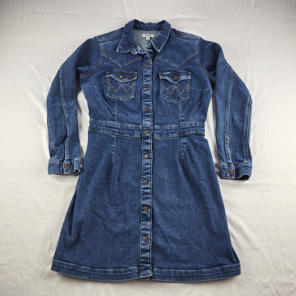 Wrangler Retro Denim Jacket Dress Dark Wash Snap Button Medium Logo Long Sleeve